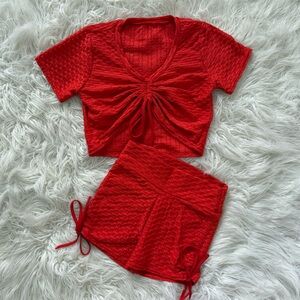 Red Textured Honeycomb Two-Piece Activewear Set